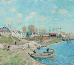A landscape painting by Alfred Sisley showing a riverside town in France.