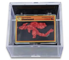a display case with a flamin hot cheeto that looks like Charizard from Pokemon