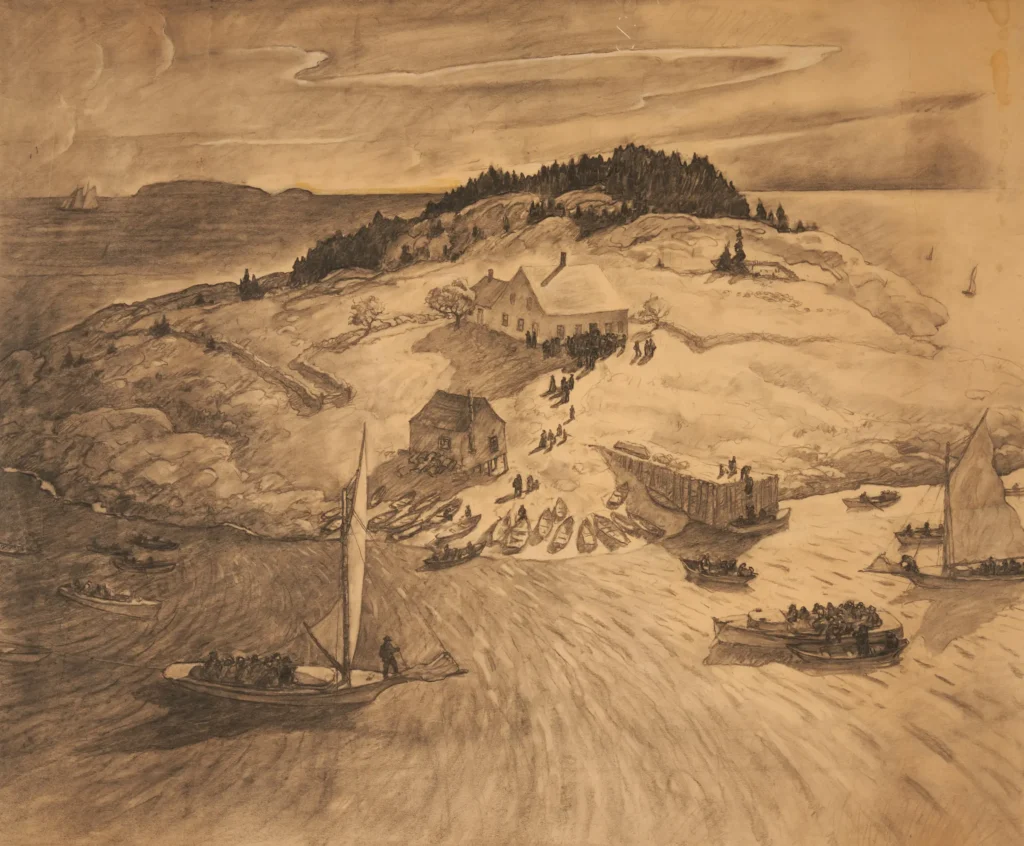 A pencil drawing of an island from a bird's-eye view.
