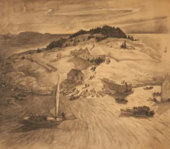 A pencil drawing of an island from a bird's-eye view.