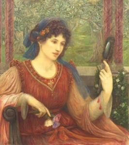 A 19th century portrait of a woman in medieval robes holding flowers in one hand and a mirror in the other.