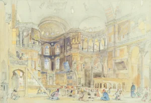 A watercolor showing the interior of the Hagia Sophia mosque in Istanbul.