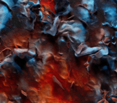 An abstract work of digital art showing red, black, and blue cloud-like shapes and textures.