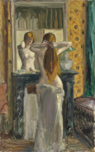 A painting of a young woman dressed only from the waist down, combing her hair in front of a mirror with her back to the viewer.