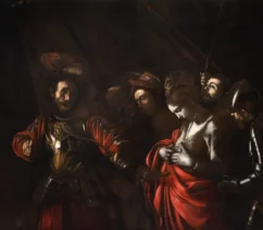 A painting of a man with a bow shooting a woman with an arrow.