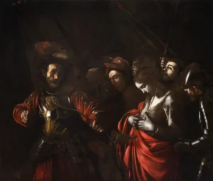 A painting of a man with a bow shooting a woman with an arrow.