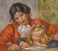 A painting of a child receiving a writing lesson from a woman in a red blouse.