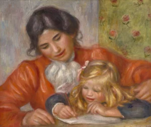 A painting of a child receiving a writing lesson from a woman in a red blouse.
