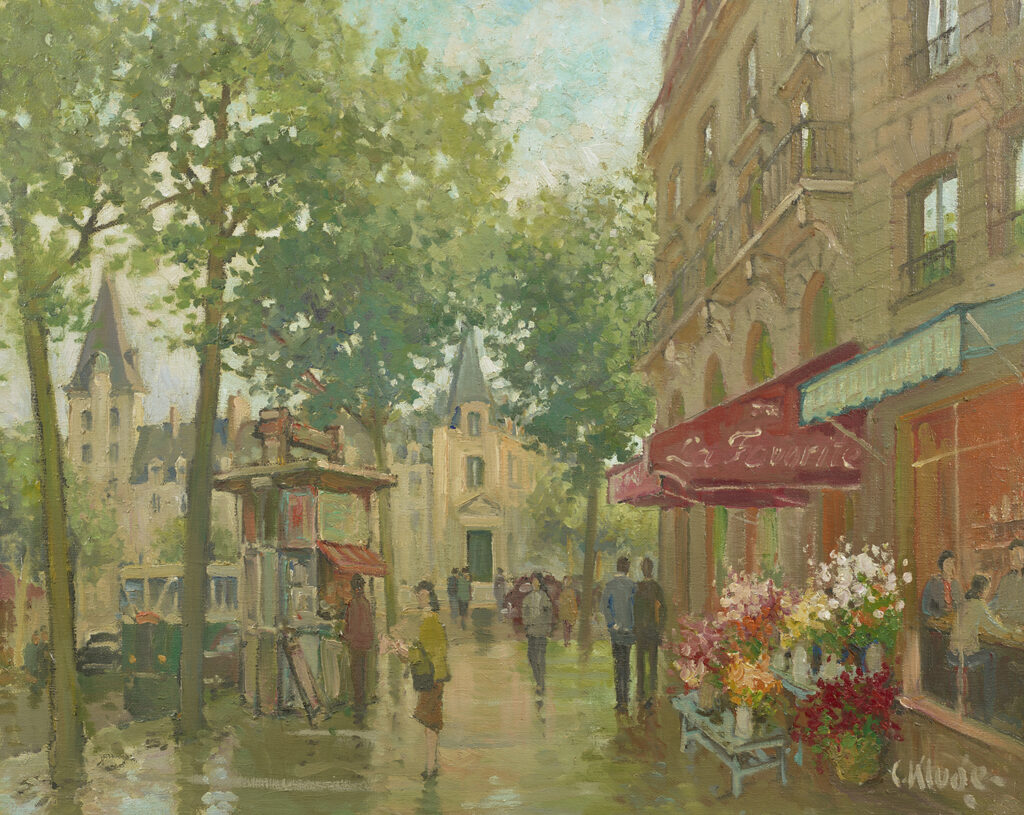 An impressionist-style painting of a street in Paris