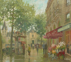 An impressionist-style painting of a street in Paris