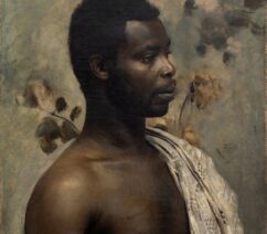 A 19th century portrait of a black man with a toga-like garment.