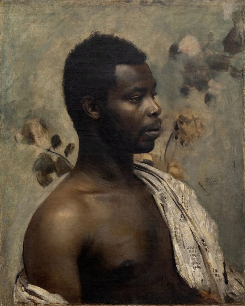 A 19th century portrait of a black man with a toga-like garment.