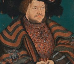 A Renaissance portrait of a German nobleman against a blue background.
