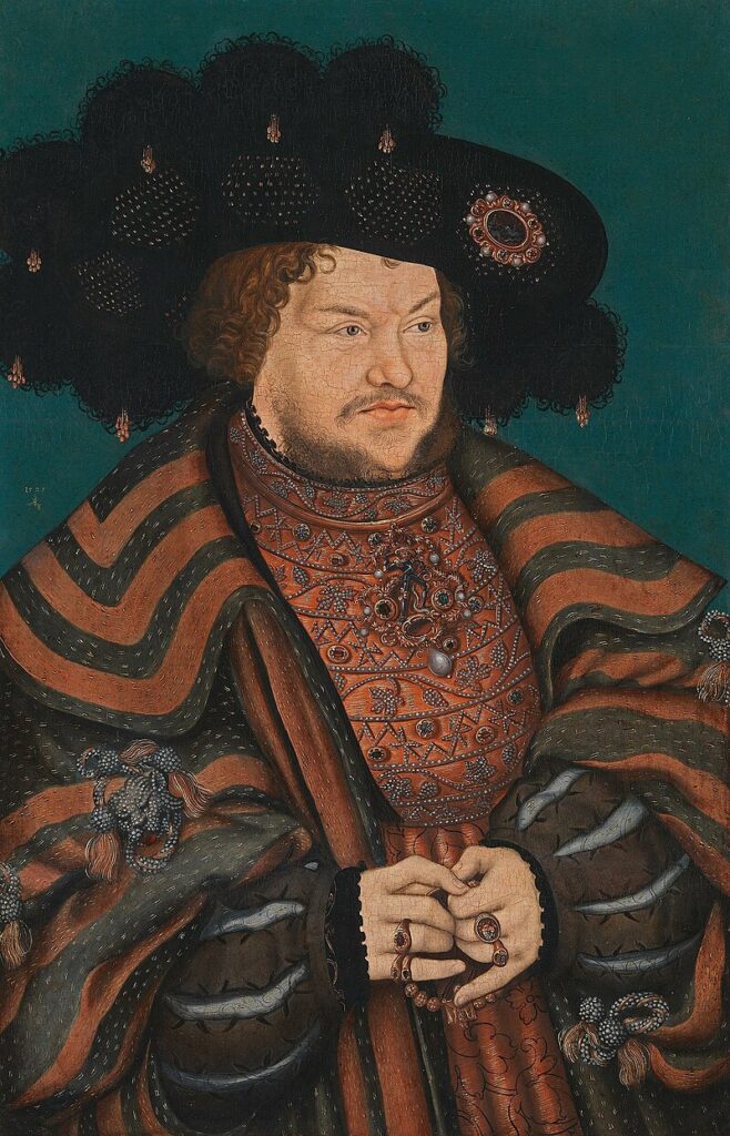 A Renaissance portrait of a German nobleman against a blue background.
