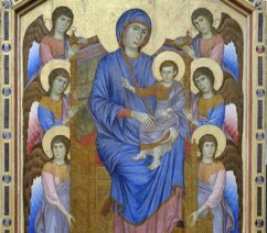 A 13th-century Madonna and Child enthroned surrounded by angels, painted by the Italian artist Cimabue.