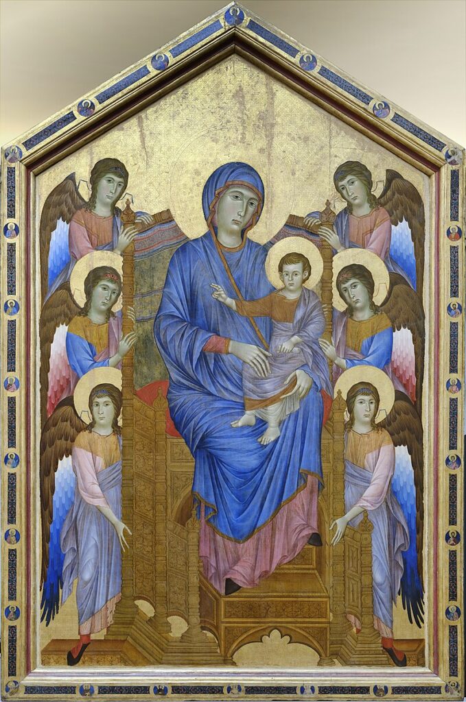 A 13th-century Madonna and Child enthroned surrounded by angels, painted by the Italian artist Cimabue.
