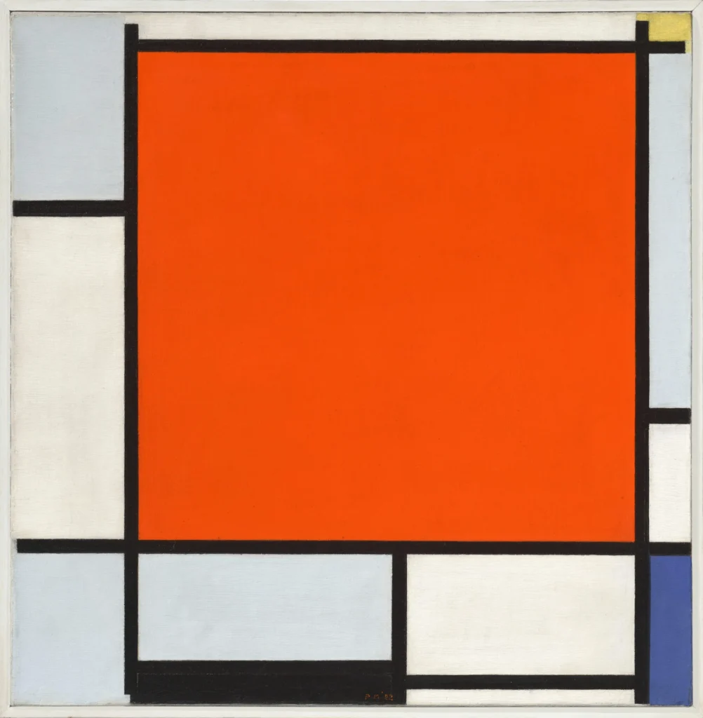 A painting of boxes filled in with red, white, gray, black, or blue.