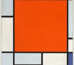 A painting of boxes filled in with red, white, gray, black, or blue.