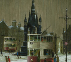 A painting of double-decker street cars taking on passengers in a large city square against a polluted sky.