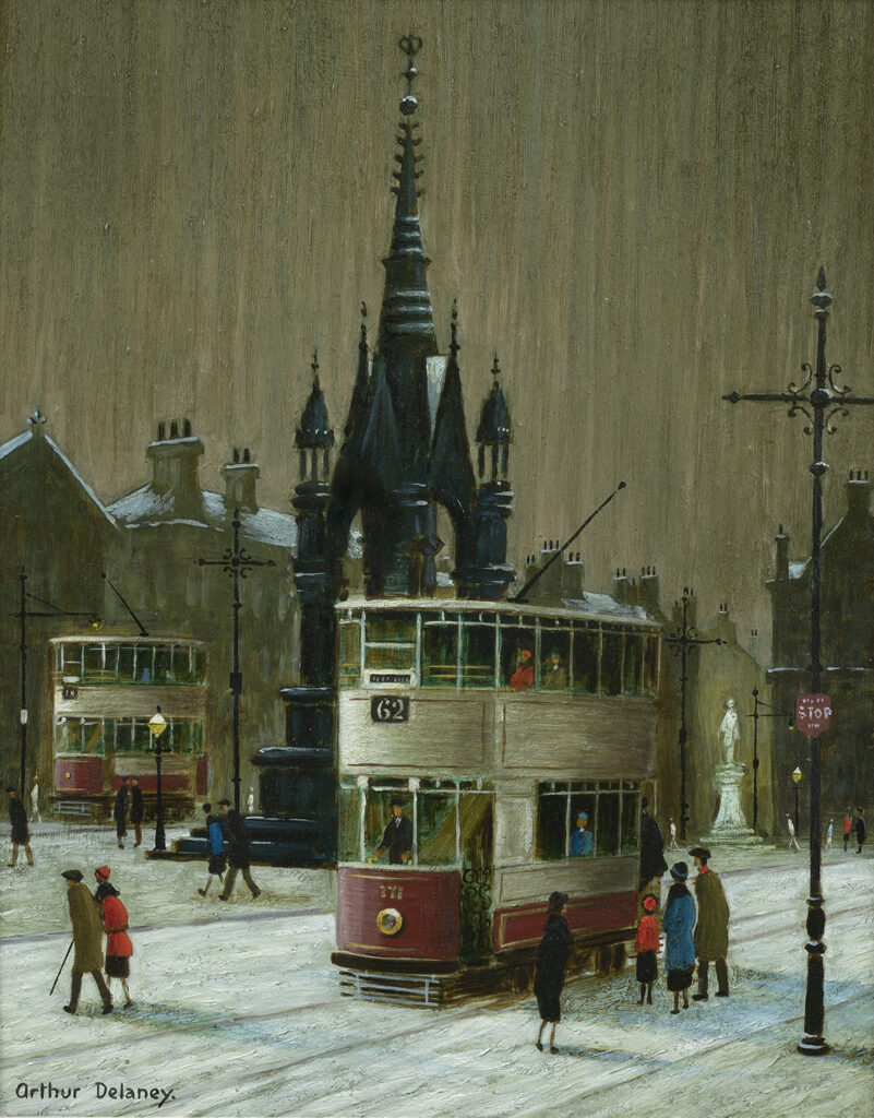 A painting of double-decker street cars taking on passengers in a large city square against a polluted sky.