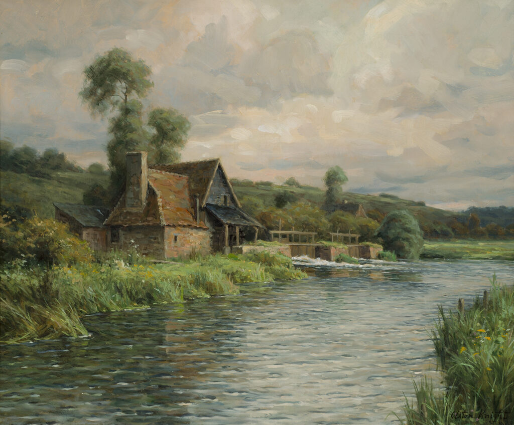 A landscape painting of a mill on a riverbank in Northern France.