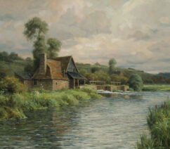 A landscape painting of a mill on a riverbank in Northern France.
