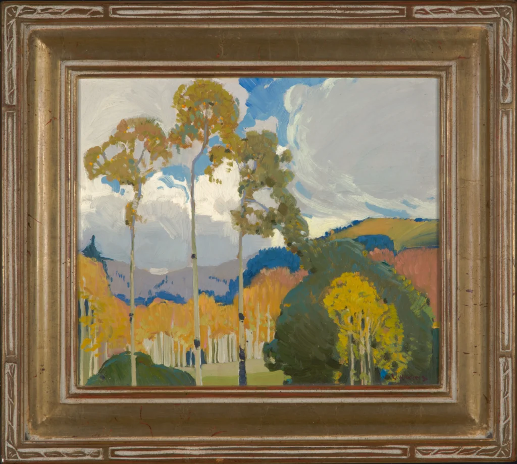 A painting of a wooded landscape.