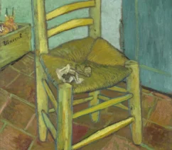 A painting of a chair against a brick floor and a blue wall.