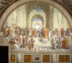 A group portrait of many figures dressed in togas in a large, classical-style building.
