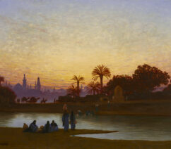 A landscape painting of women fetching water by a river in Egypt.