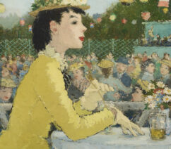 A painting of a woman in a yellow dress sitting in a cafe.
