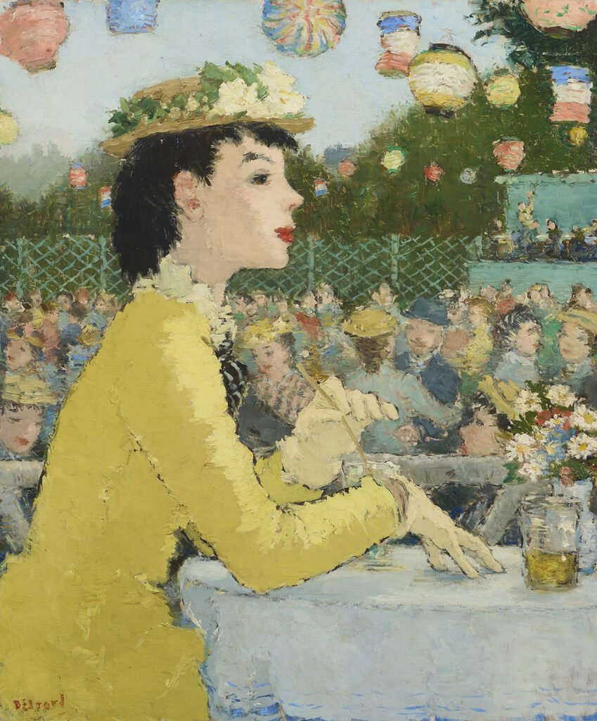 A painting of a woman in a yellow dress sitting in a cafe.