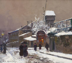 A painting of a Paris street in the snow with a windmill rising above.