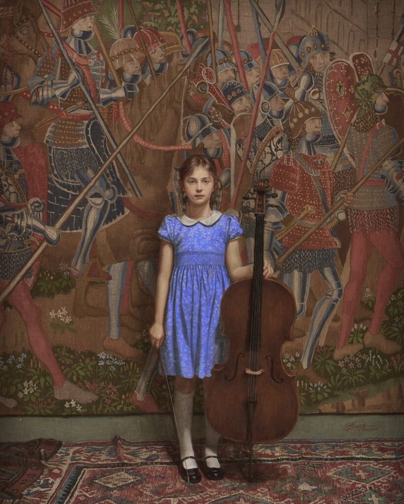 A painting of a girl in a blue dress holding a cello while standing in front of a tapestry,