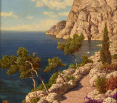 A landscape painting of a rocky cliff dotted with trees leading down into the ocean.