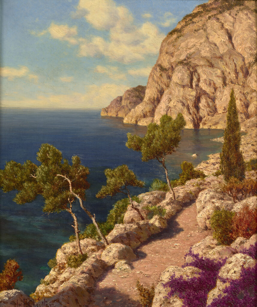 A landscape painting of a rocky cliff dotted with trees leading down into the ocean.