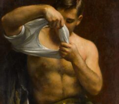 A painting of a man in the middle of putting on a plain white t-shirt.
