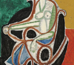 An abstract portrait of a nude woman in a rocking chair.