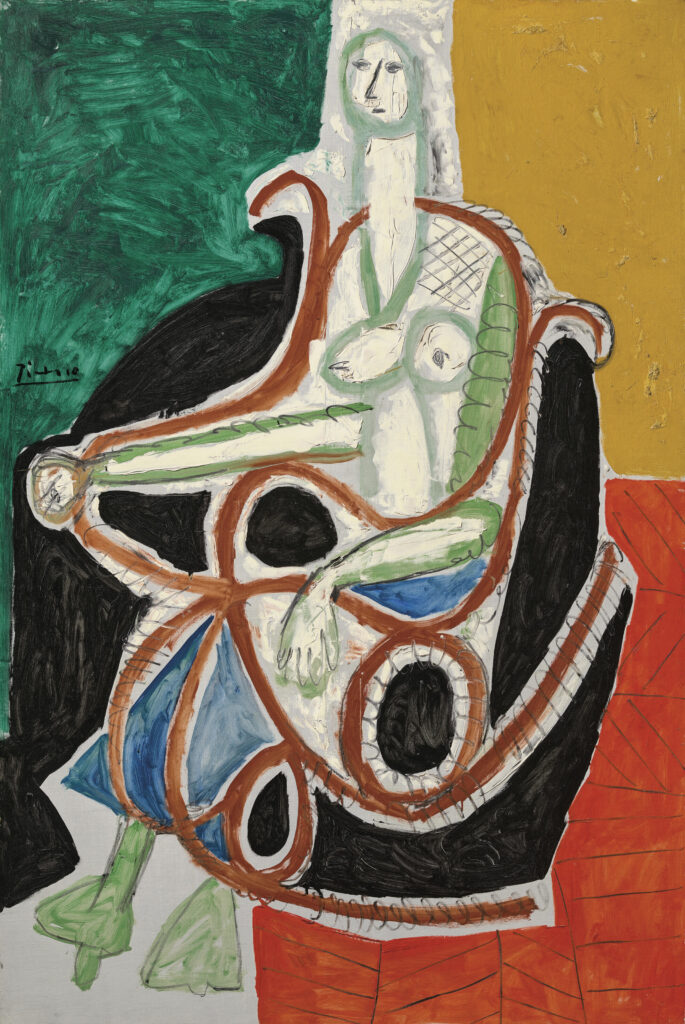 An abstract portrait of a nude woman in a rocking chair.