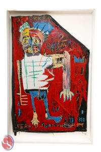 A painting by Basquiat of a man in a white shirt and jeans against a red background.