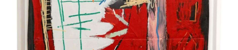 A painting by Basquiat of a man in a white shirt and jeans against a red background.