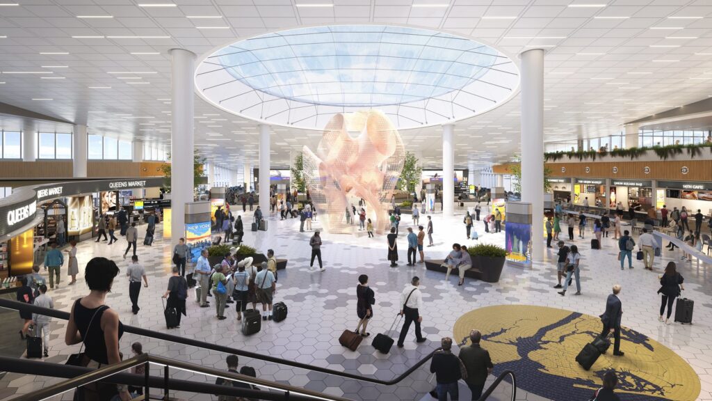 An artist's rendering of the interior of a new airport terminal.