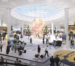 An artist's rendering of the interior of a new airport terminal.