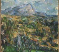 A post-Impressionist painting of a mountain among green fields.