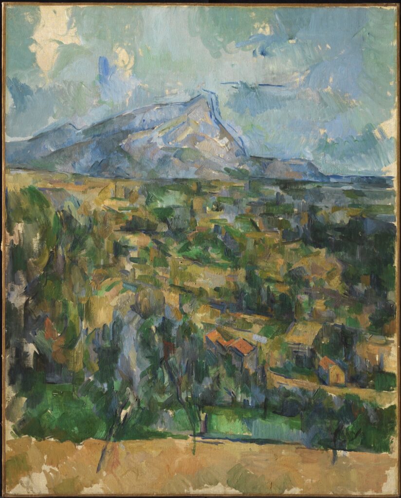 A post-Impressionist painting of a mountain among green fields.