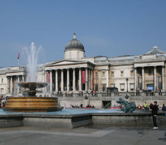 The facade of London's National Gallery on Trafalgar Square.