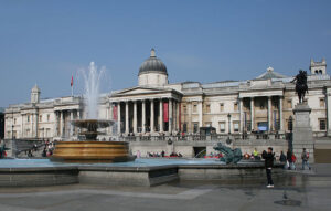 The facade of London's National Gallery on Trafalgar Square.