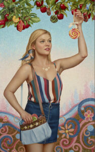 A painting of a woman picking a lollipop hanging from a tree.