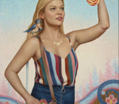 A painting of a woman picking a lollipop hanging from a tree.