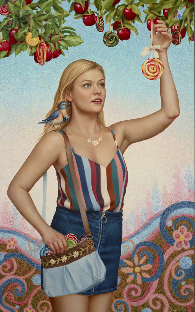 A painting of a woman picking a lollipop hanging from a tree.